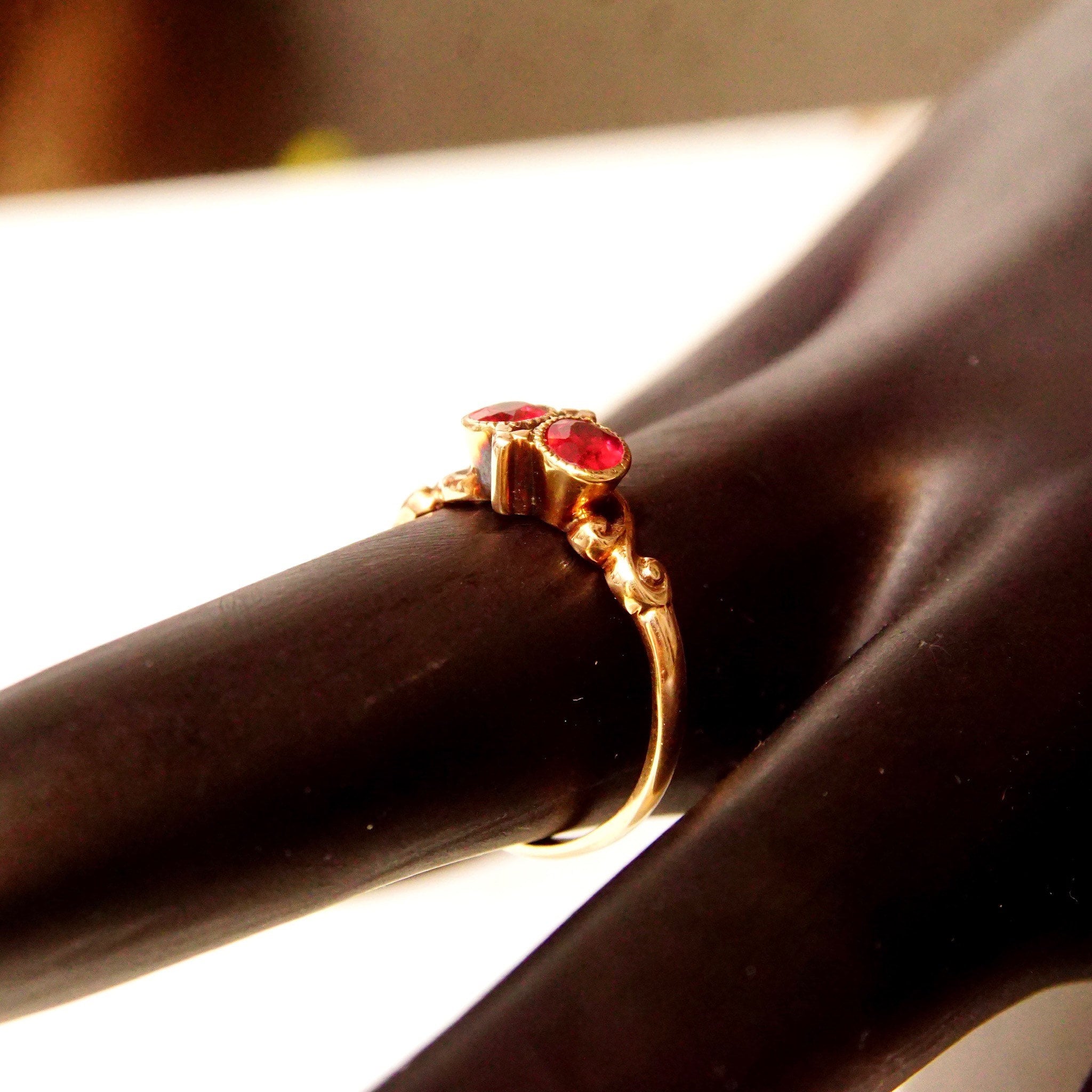Antique 14K Gold Two-Ruby Gemstone Ring, Thin Embellished Gold Band, Decorated Bezel Setting, Ring Size 5 US