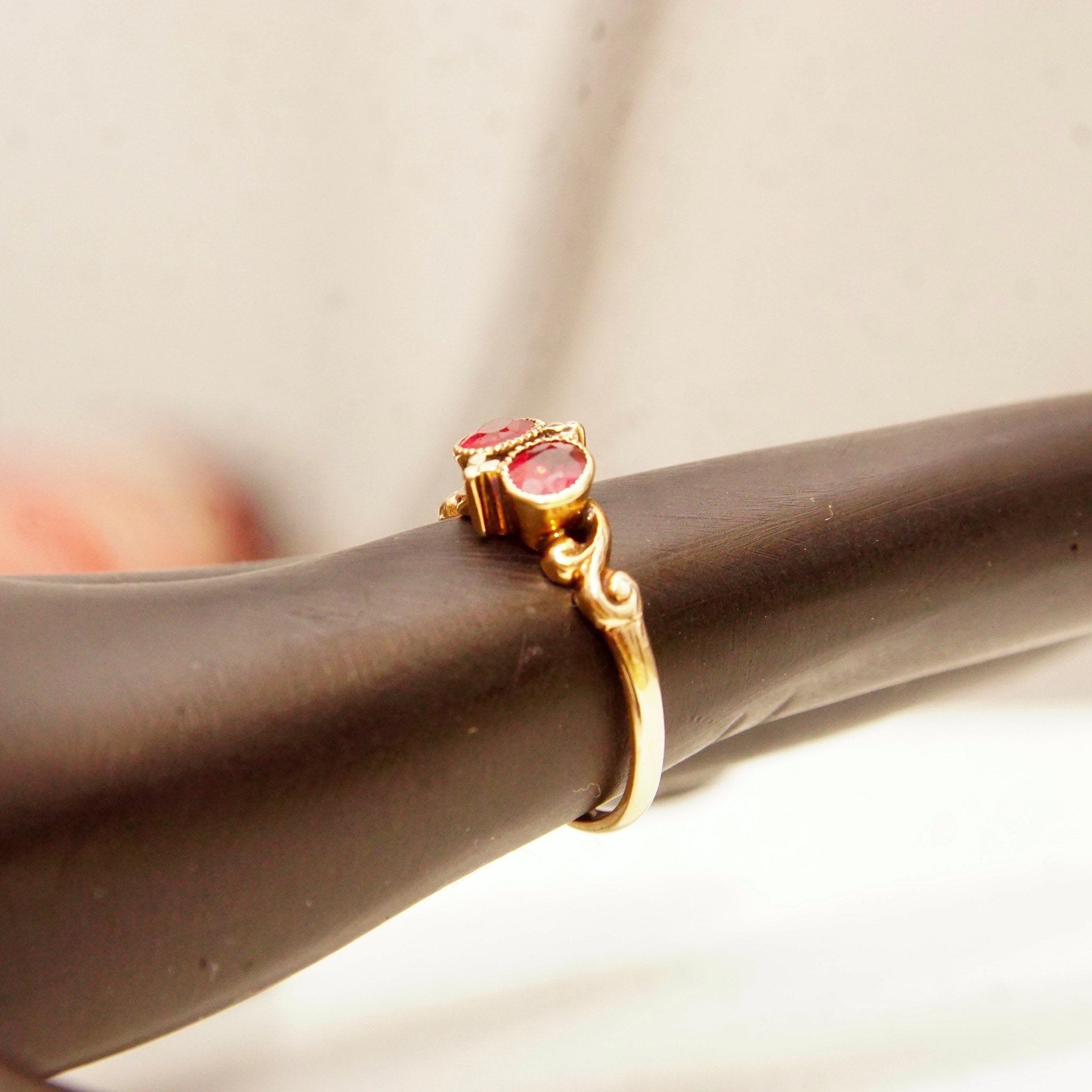Antique 14K Gold Two-Ruby Gemstone Ring, Thin Embellished Gold Band, Decorated Bezel Setting, Ring Size 5 US