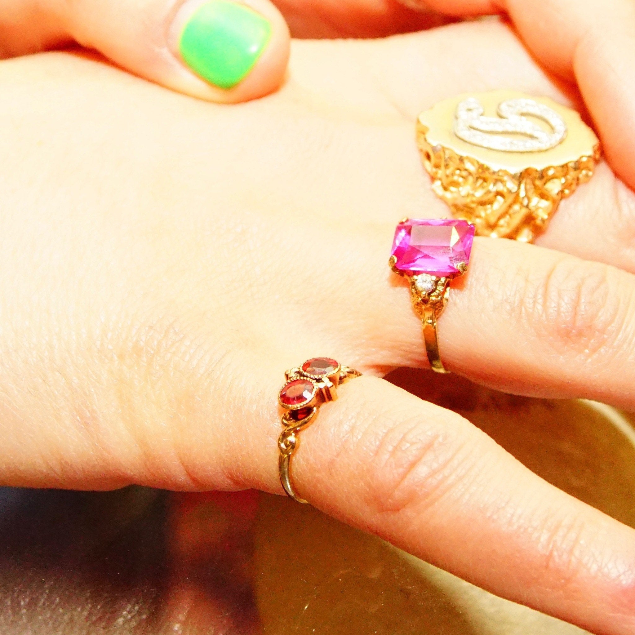 Antique 14K Gold Two-Ruby Gemstone Ring, Thin Embellished Gold Band, Decorated Bezel Setting, Ring Size 5 US