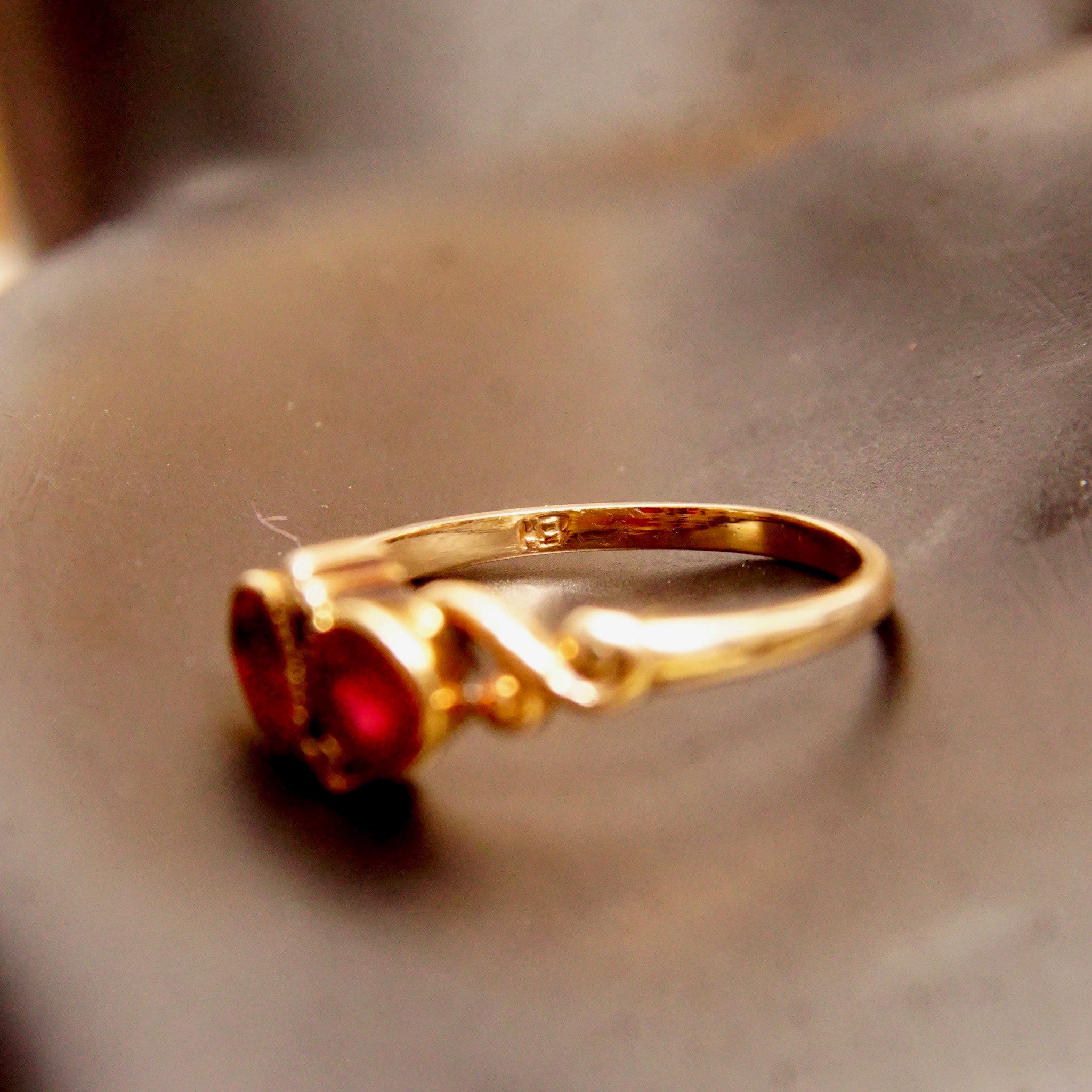 Antique 14K Gold Two-Ruby Gemstone Ring, Thin Embellished Gold Band, Decorated Bezel Setting, Ring Size 5 US