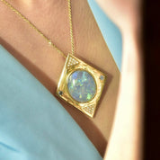 Vintage 18K Gold Mosaic Opal Diamond Cluster Blue Gemstone Pendant, 20 Diamond Accents, Large Solid 750 Blue Opal Triplet Pendant, 2" L