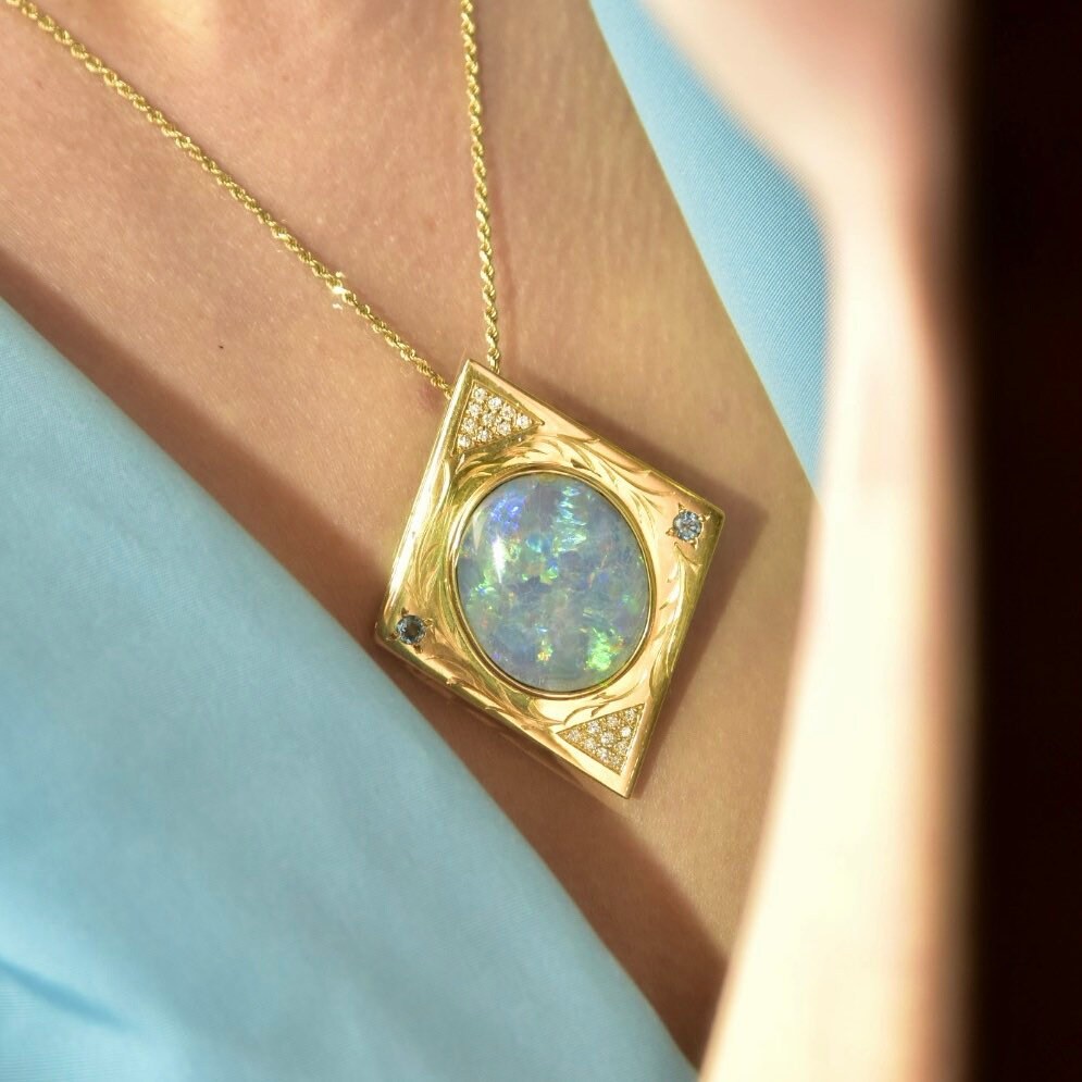Vintage 18K Gold Mosaic Opal Diamond Cluster Blue Gemstone Pendant, 20 Diamond Accents, Large Solid 750 Blue Opal Triplet Pendant, 2" L