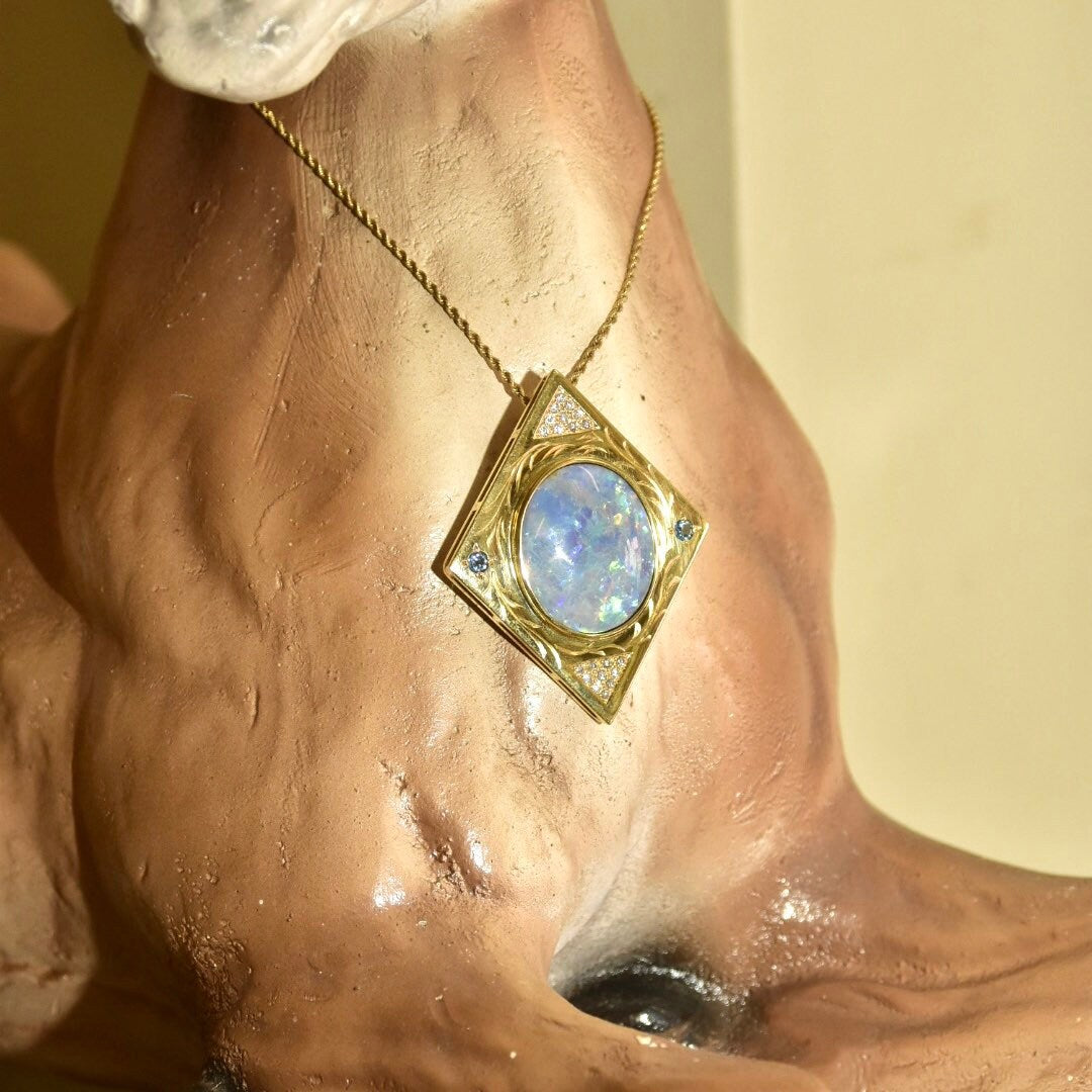 Vintage 18K Gold Mosaic Opal Diamond Cluster Blue Gemstone Pendant, 20 Diamond Accents, Large Solid 750 Blue Opal Triplet Pendant, 2" L