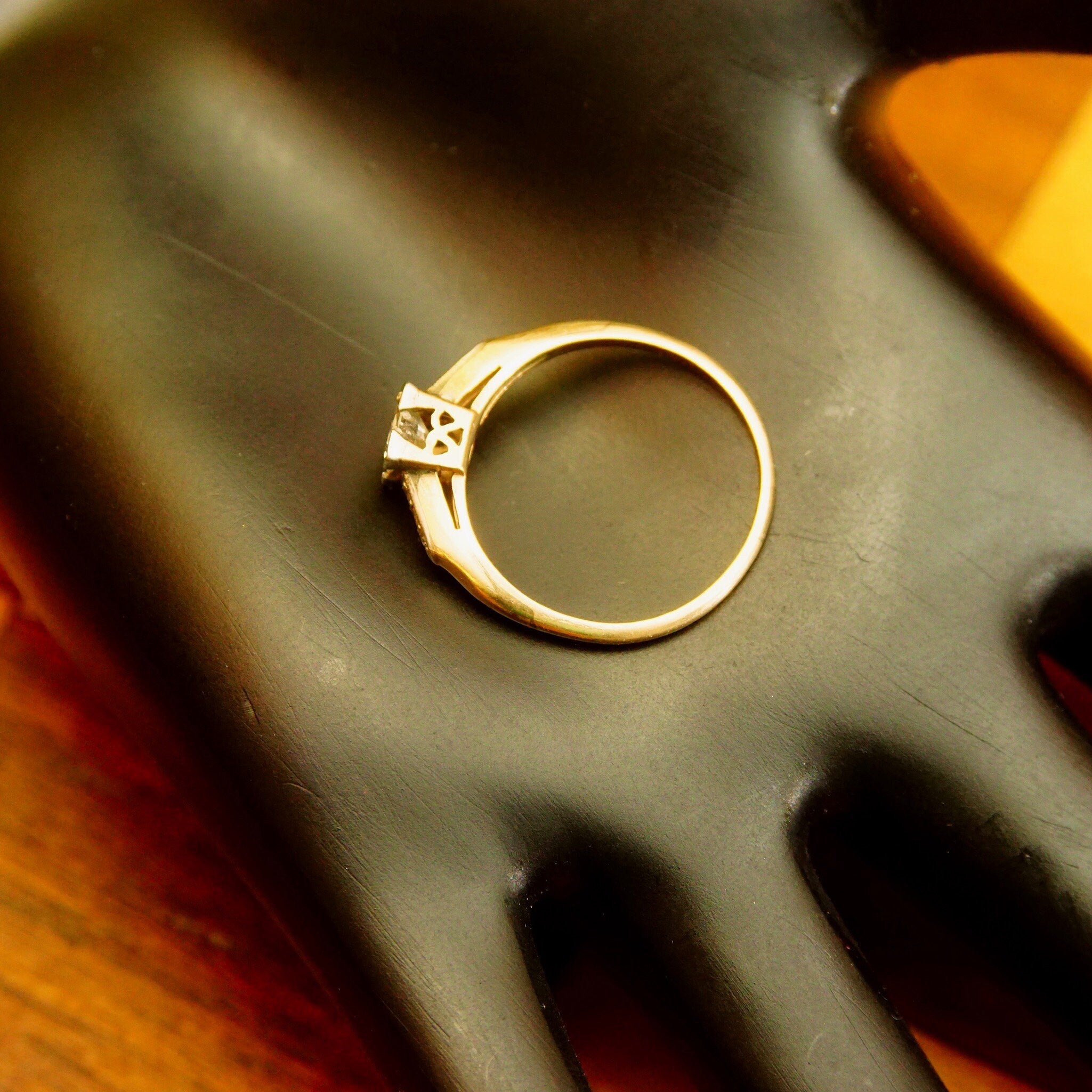 Vintage 1940's Art Deco 14K Brilliant Diamond Engagement Ring, .5 CT Center Stone, Diamond Accented Yellow Gold Band, 585, Size 7 US