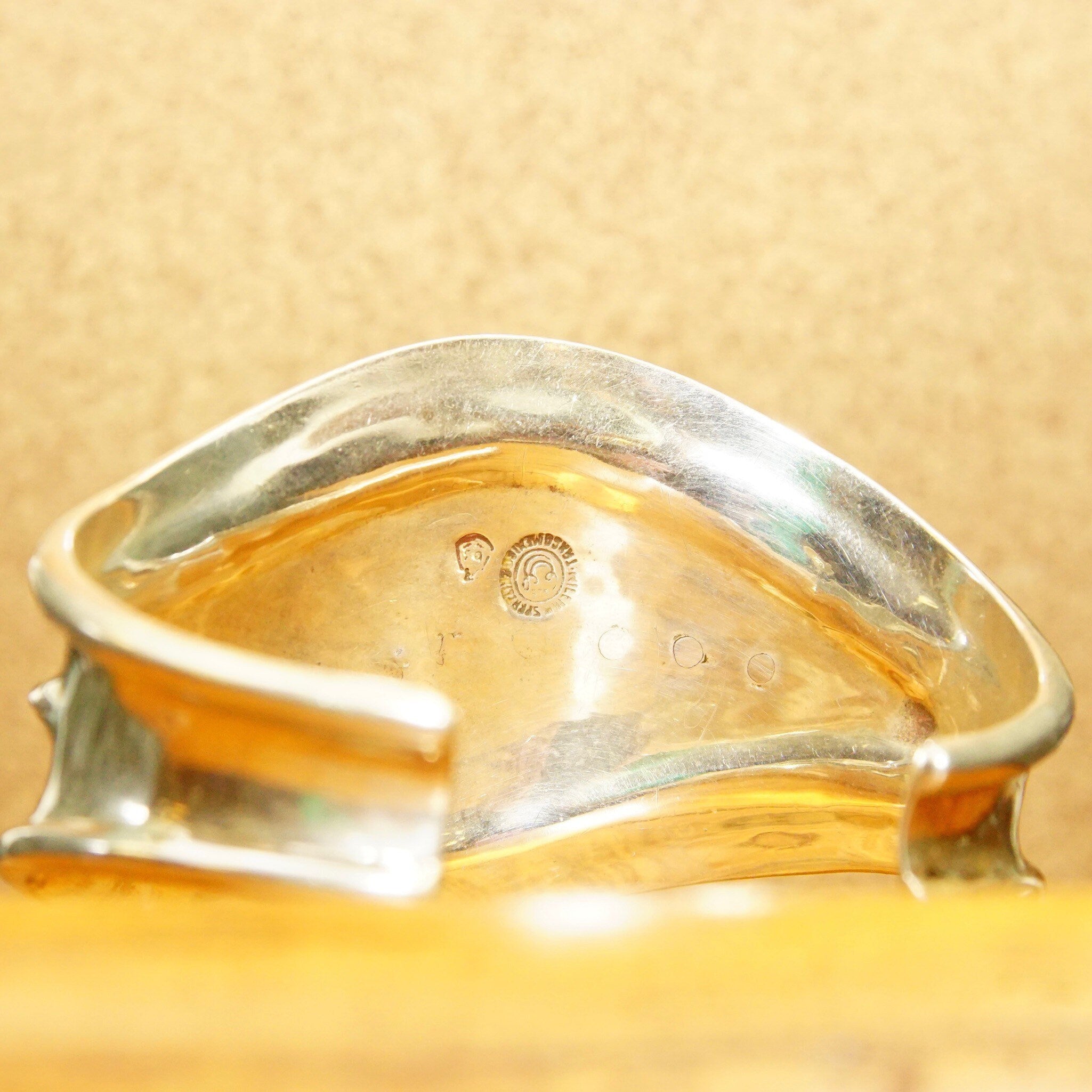 Vintage TAXCO Modernist Chunk Silver Inlay Cuff Bracelet, Amber Resin Inlay, Silver Dot Details, Wide Silver Cuff, Solid 925 Cuff, 5 1/4" L