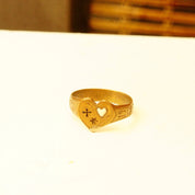 Antique 1914 Gold Plated Heart Signet Ring, Hand-Engraved Heart-Shaped Signet Ring, Star Cross Inlay, Mourning Jewelry Style, Size 9 1/2 US
