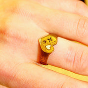 Antique 1914 Gold Plated Heart Signet Ring, Hand-Engraved Heart-Shaped Signet Ring, Star Cross Inlay, Mourning Jewelry Style, Size 9 1/2 US
