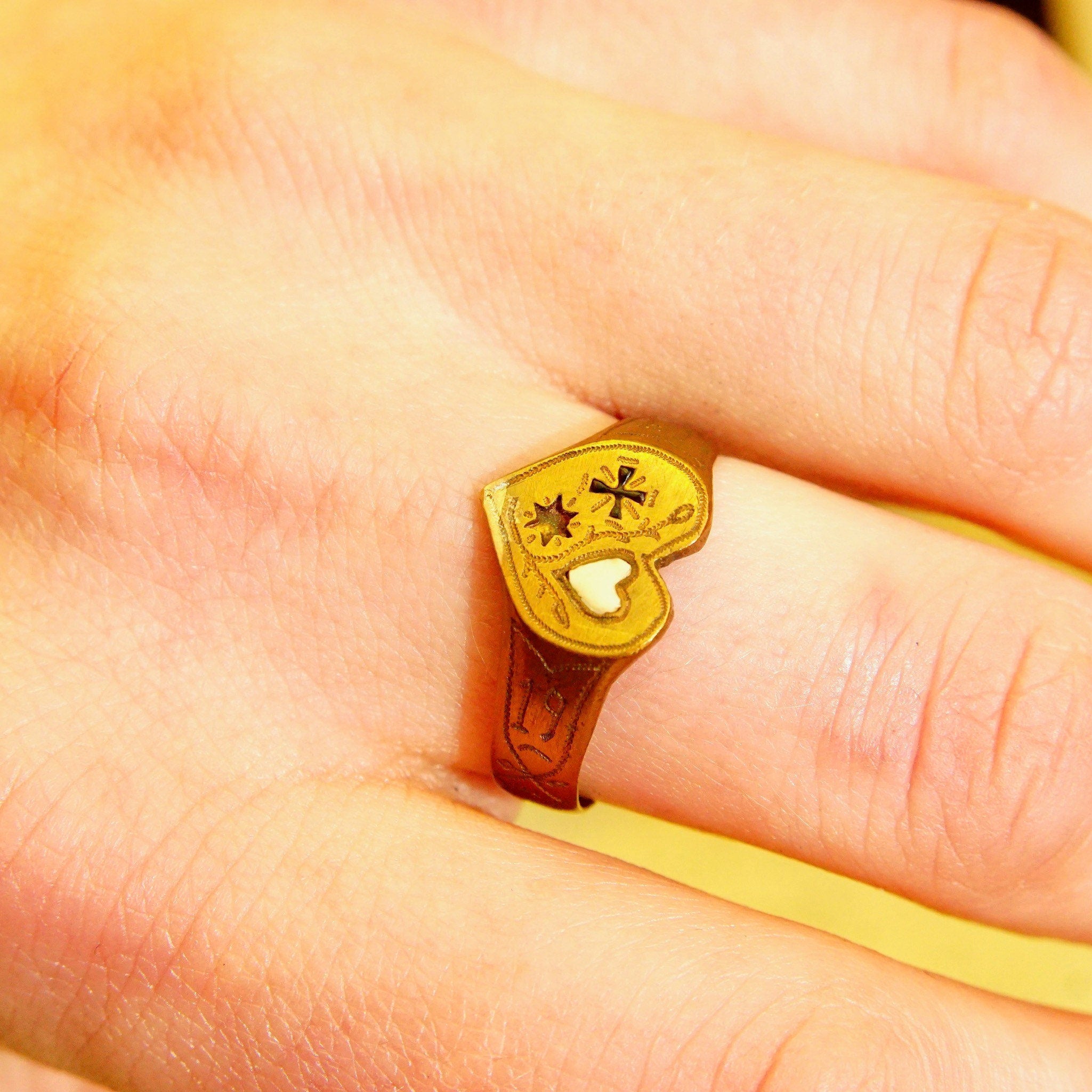 Antique 1914 Gold Plated Heart Signet Ring, Hand-Engraved Heart-Shaped Signet Ring, Star Cross Inlay, Mourning Jewelry Style, Size 9 1/2 US