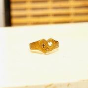 Antique 1914 Gold Plated Heart Signet Ring, Hand-Engraved Heart-Shaped Signet Ring, Star Cross Inlay, Mourning Jewelry Style, Size 9 1/2 US