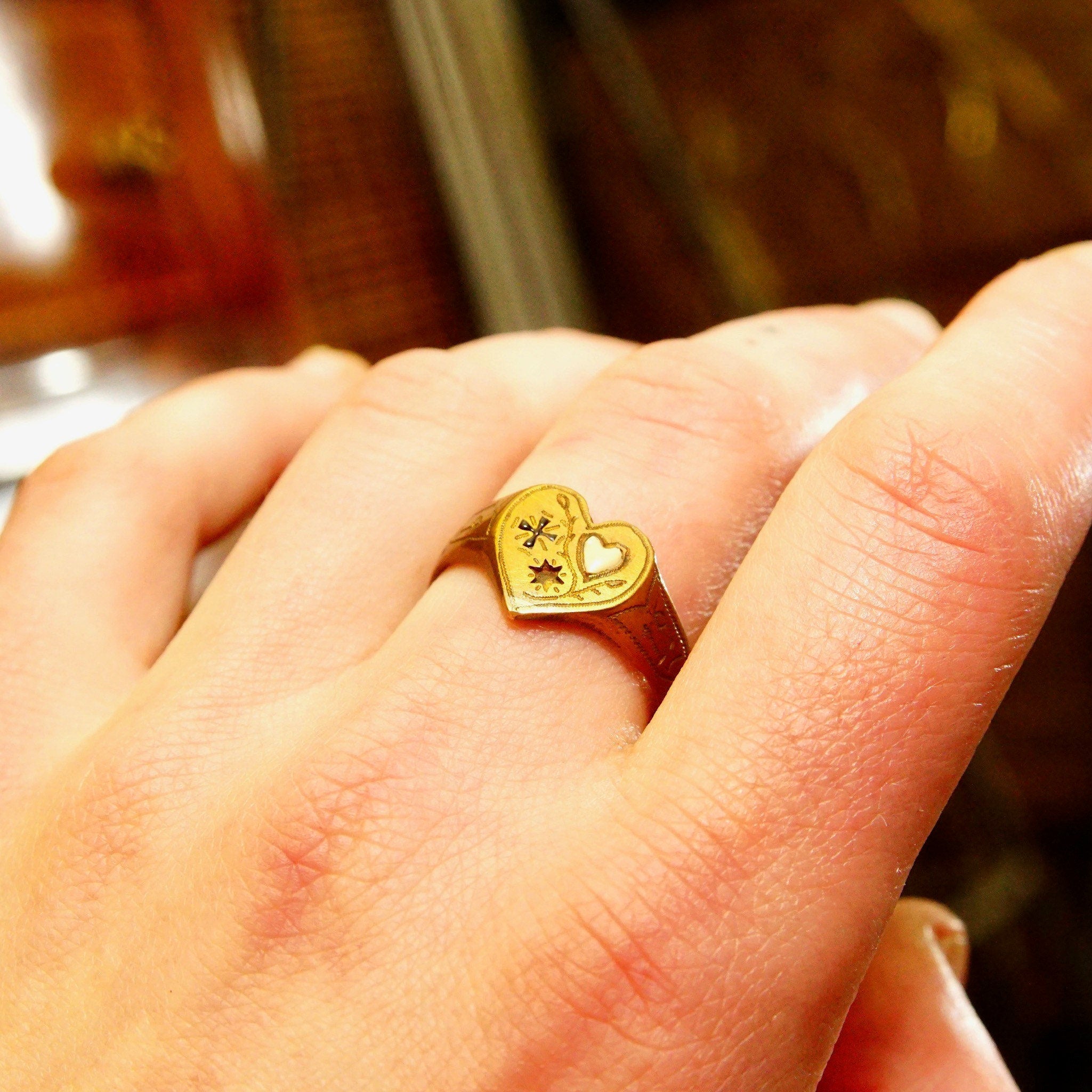 Antique 1914 Gold Plated Heart Signet Ring, Hand-Engraved Heart-Shaped Signet Ring, Star Cross Inlay, Mourning Jewelry Style, Size 9 1/2 US
