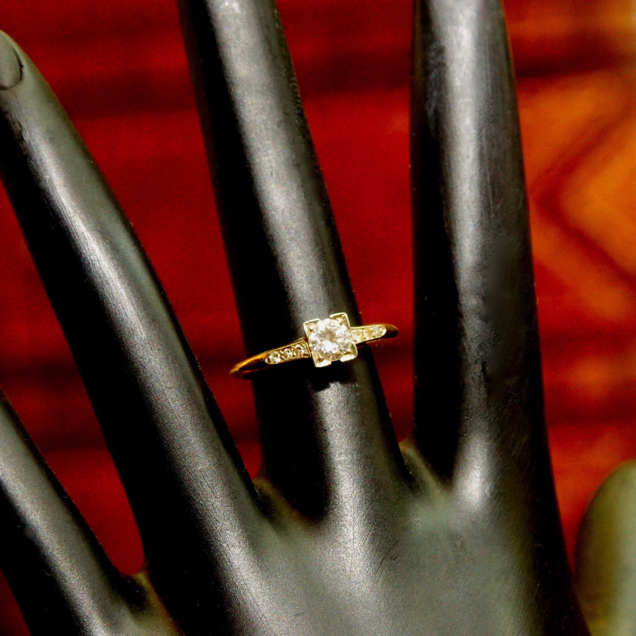 Vintage 1940's Art Deco 14K Brilliant Diamond Engagement Ring, .5 CT Center Stone, Diamond Accented Yellow Gold Band, 585, Size 7 US