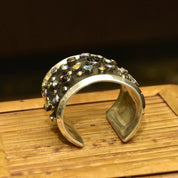 Vintage Chimney Butte Sterling Silver 'Rocks & Stars' Cuff Bracelet, Navajo Pearl Multi-Stone Cuff, Heavily Oxidized Solid Silver Cuff