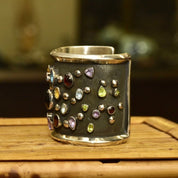 Vintage Chimney Butte Sterling Silver 'Rocks & Stars' Cuff Bracelet, Navajo Pearl Multi-Stone Cuff, Heavily Oxidized Solid Silver Cuff