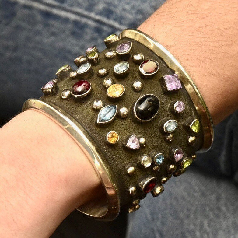 Vintage Chimney Butte Sterling Silver 'Rocks & Stars' Cuff Bracelet, Navajo Pearl Multi-Stone Cuff, Heavily Oxidized Solid Silver Cuff
