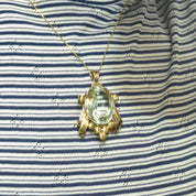 Vintage 18K Yellow & Rose Gold Blue Topaz Pendant, Large Faceted Oval Gemstone, Two-Tone Gold Ribbon Setting, Mid-Century, Art Deco Style