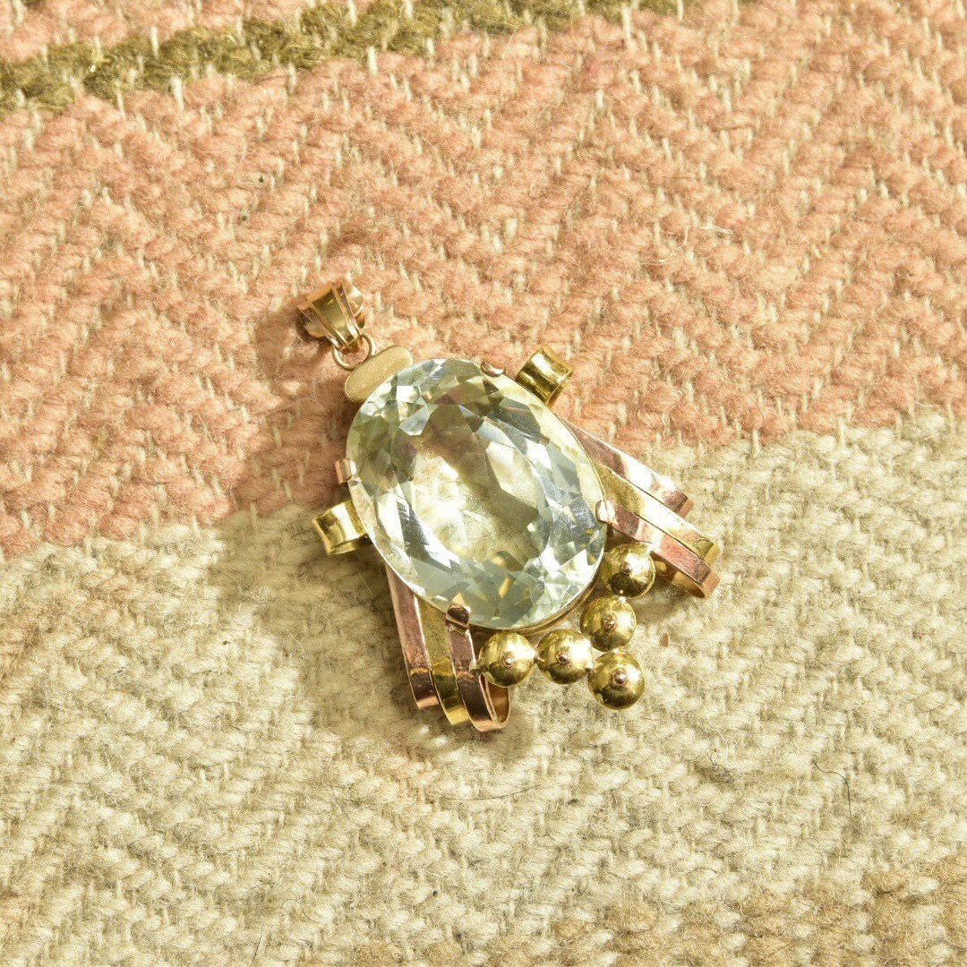 Vintage 18K Yellow & Rose Gold Blue Topaz Pendant, Large Faceted Oval Gemstone, Two-Tone Gold Ribbon Setting, Mid-Century, Art Deco Style