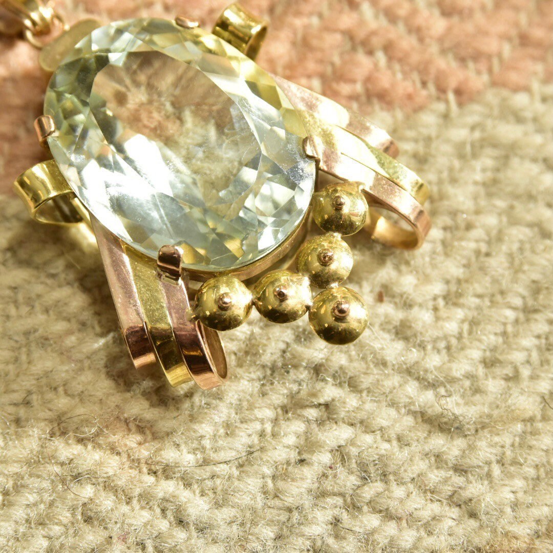 Vintage 18K Yellow & Rose Gold Blue Topaz Pendant, Large Faceted Oval Gemstone, Two-Tone Gold Ribbon Setting, Mid-Century, Art Deco Style