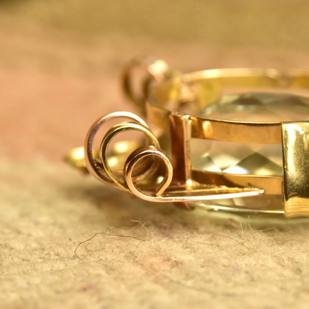 Vintage 18K Yellow & Rose Gold Blue Topaz Pendant, Large Faceted Oval Gemstone, Two-Tone Gold Ribbon Setting, Mid-Century, Art Deco Style