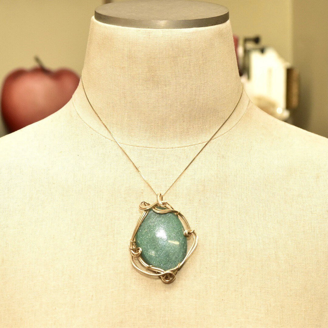 Vintage 10K Gold Plated Wire Wrapped Green Goldstone Pendant, Large Sparkly Gemstone, Yellow Gold, Abstract Modernist Bohemian, 2 5/8" L