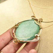 Vintage 10K Gold Plated Wire Wrapped Green Goldstone Pendant, Large Sparkly Gemstone, Yellow Gold, Abstract Modernist Bohemian, 2 5/8" L