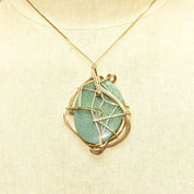 Vintage 10K Gold Plated Wire Wrapped Green Goldstone Pendant, Large Sparkly Gemstone, Yellow Gold, Abstract Modernist Bohemian, 2 5/8" L