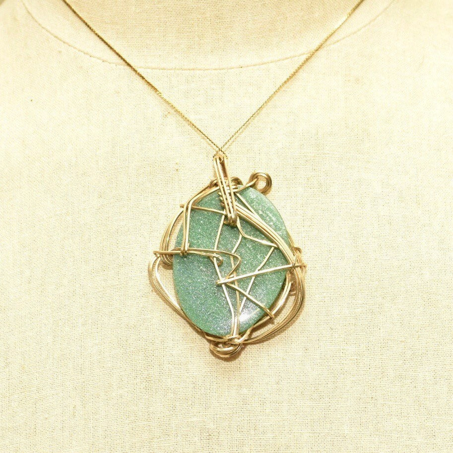 Vintage 10K Gold Plated Wire Wrapped Green Goldstone Pendant, Large Sparkly Gemstone, Yellow Gold, Abstract Modernist Bohemian, 2 5/8" L