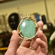Vintage 10K Gold Plated Wire Wrapped Green Goldstone Pendant, Large Sparkly Gemstone, Yellow Gold, Abstract Modernist Bohemian, 2 5/8" L