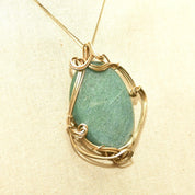 Vintage 10K Gold Plated Wire Wrapped Green Goldstone Pendant, Large Sparkly Gemstone, Yellow Gold, Abstract Modernist Bohemian, 2 5/8" L