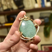 Vintage 10K Gold Plated Wire Wrapped Green Goldstone Pendant, Large Sparkly Gemstone, Yellow Gold, Abstract Modernist Bohemian, 2 5/8" L