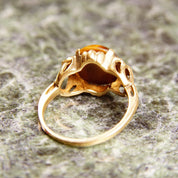 Art Deco 10K Tigers Eye Cabochon Ring In Yellow Gold, Floral Embellishments, Vintage Cocktail Ring, Size 7 US