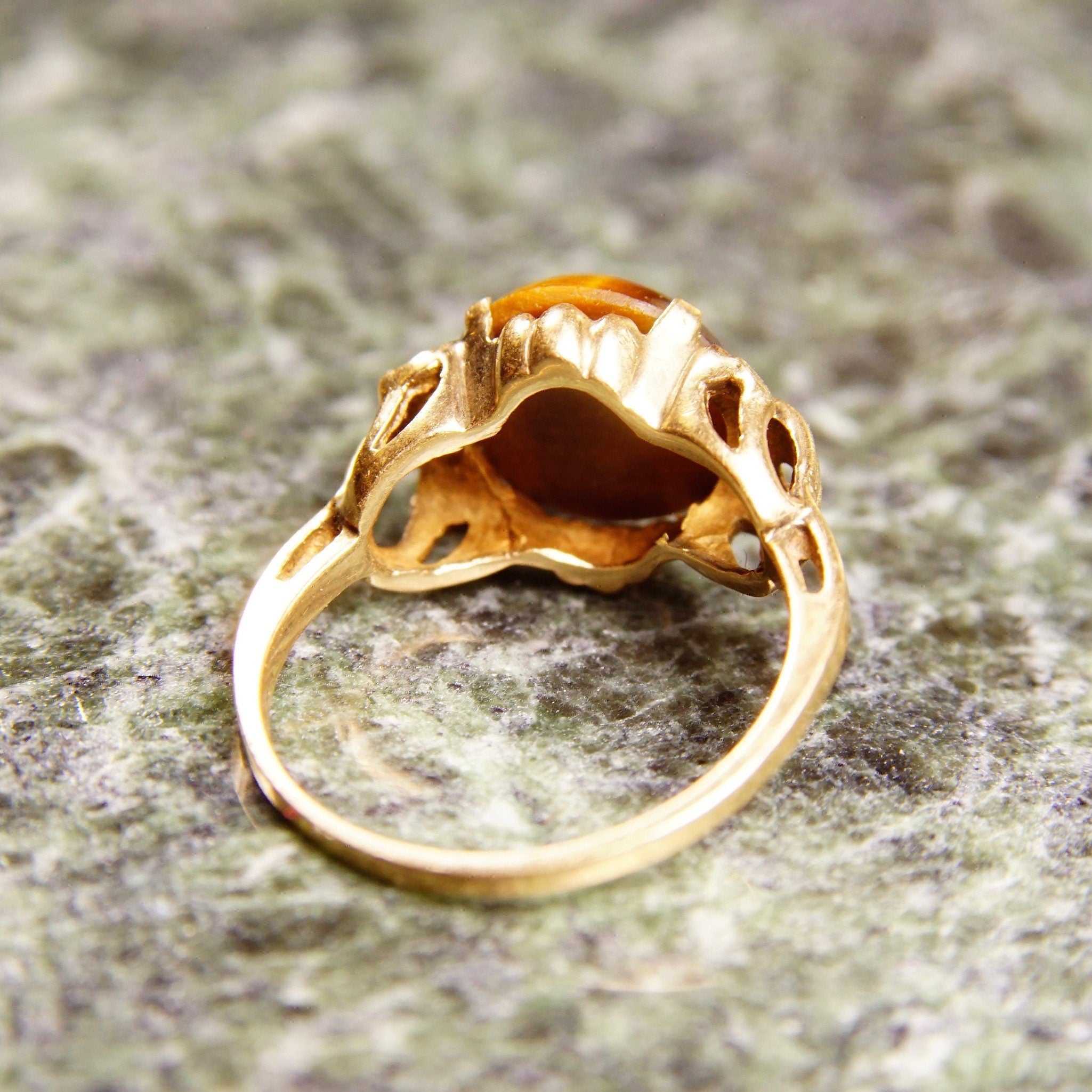 Art Deco 10K Tigers Eye Cabochon Ring In Yellow Gold, Floral Embellishments, Vintage Cocktail Ring, Size 7 US