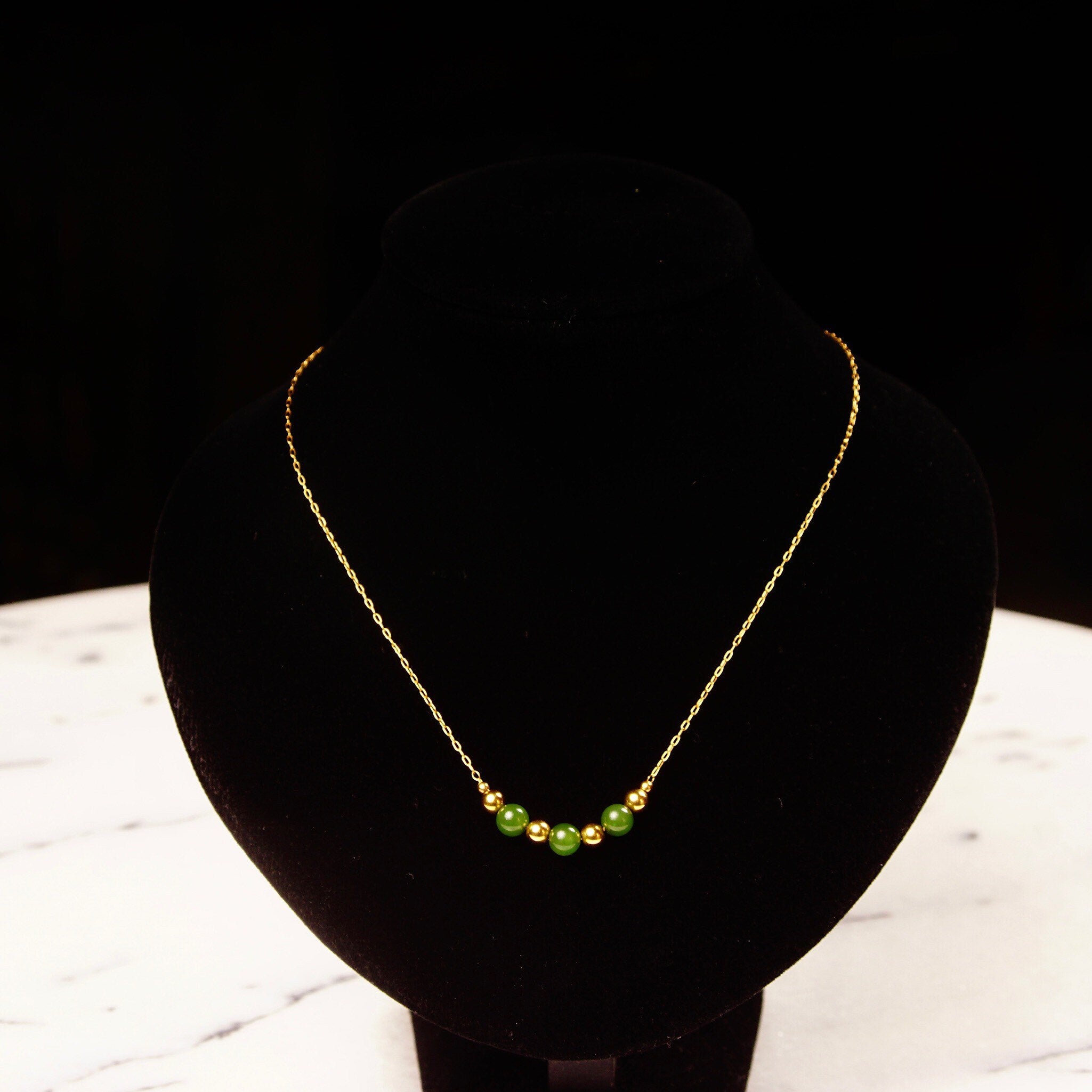 Vintage Van Dell 12KT GF Jade Bead Choker Necklace, Inline Green & Gold Bead Pendant, Delicate Yellow Gold Chain, 14 1/2" L