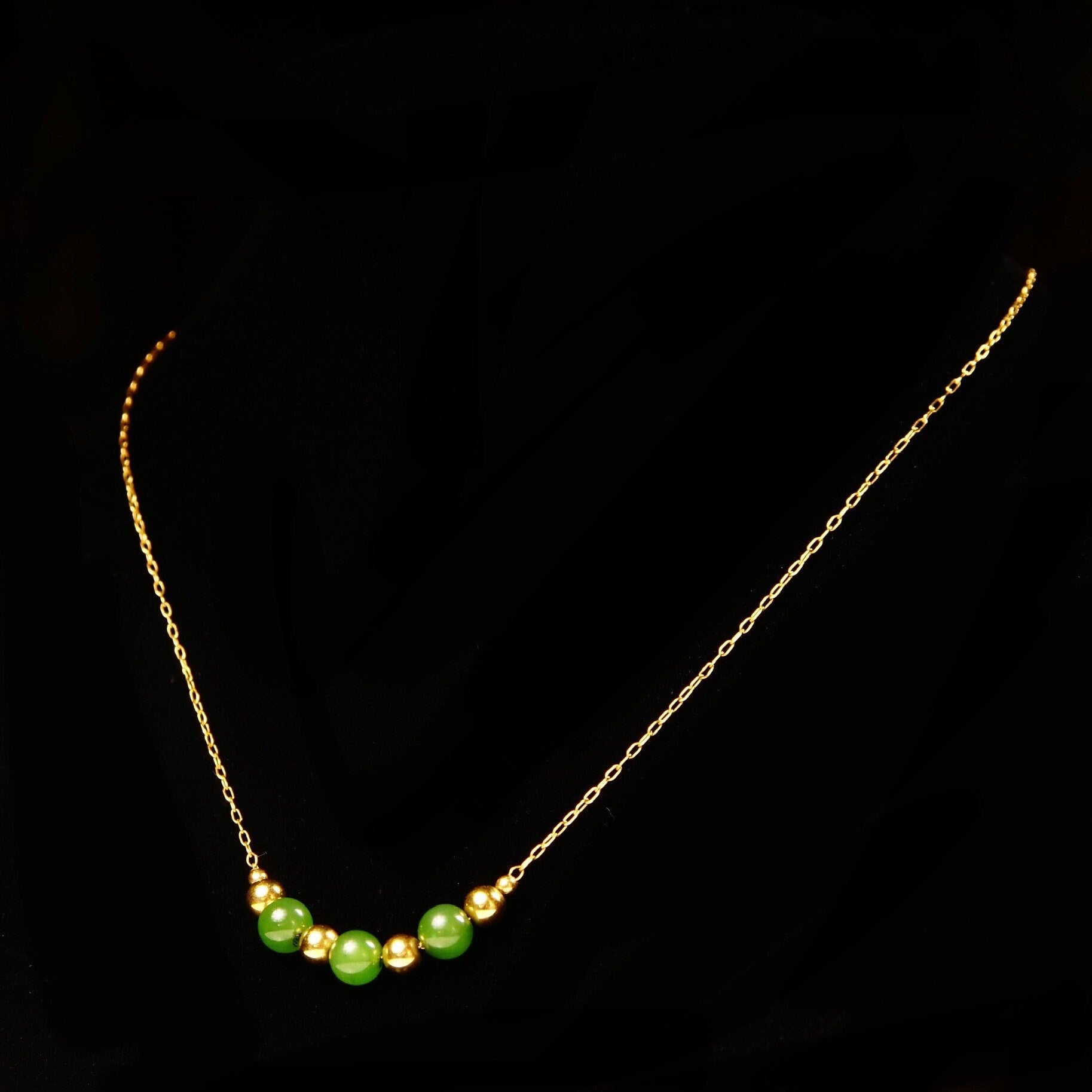 Vintage Van Dell 12KT GF Jade Bead Choker Necklace, Inline Green & Gold Bead Pendant, Delicate Yellow Gold Chain, 14 1/2" L
