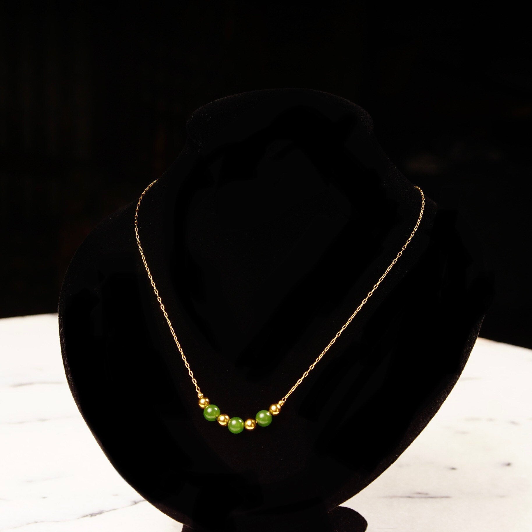 Vintage Van Dell 12KT GF Jade Bead Choker Necklace, Inline Green & Gold Bead Pendant, Delicate Yellow Gold Chain, 14 1/2" L