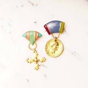 Vintage M.JENT Enameled Gold Tone Dangle Brooch Pins, Gold Cross/Coin, Pastel Colors, Cute Scarf/Sash/Skirt Pin, Designer Costumer Jewelry