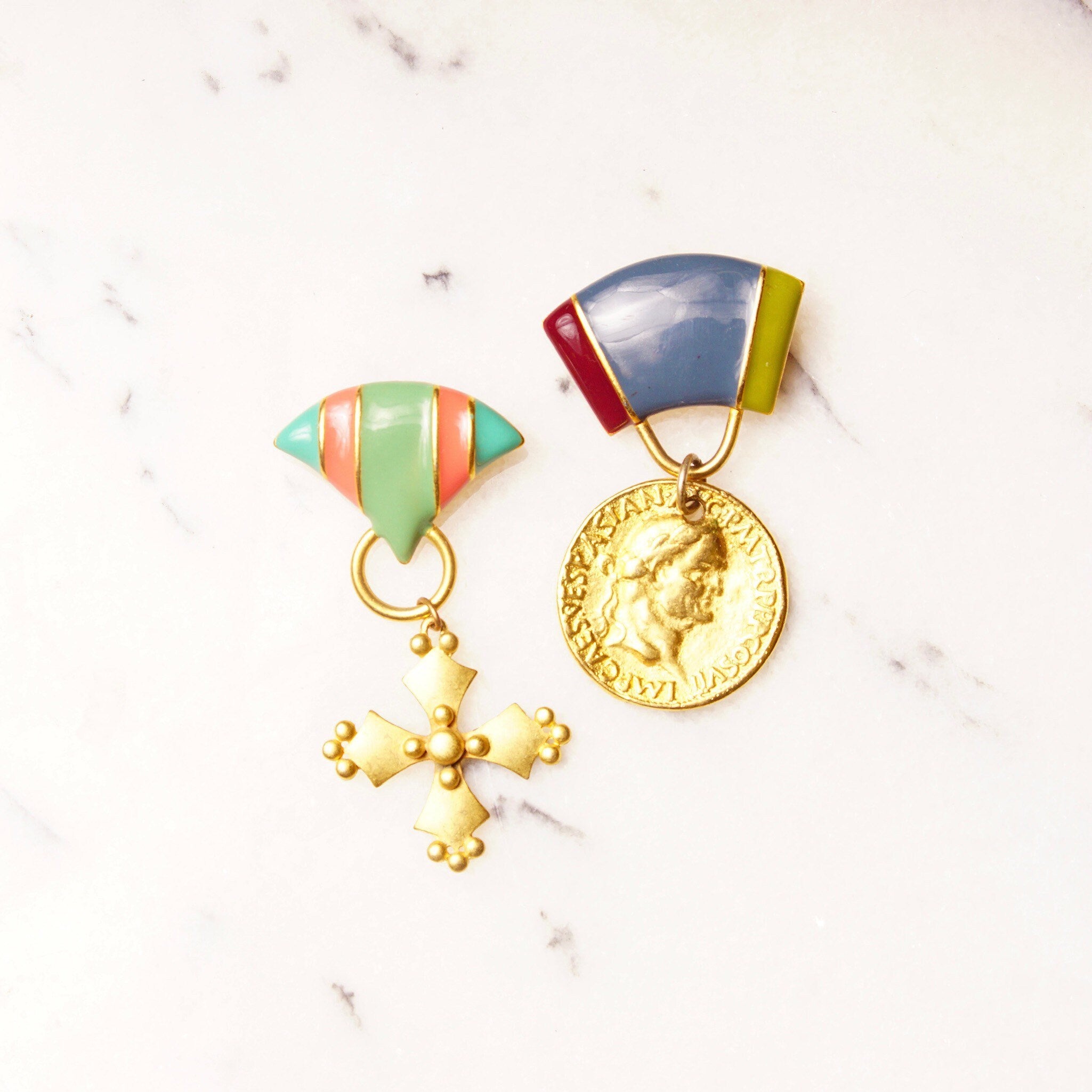 Vintage M.JENT Enameled Gold Tone Dangle Brooch Pins, Gold Cross/Coin, Pastel Colors, Cute Scarf/Sash/Skirt Pin, Designer Costumer Jewelry
