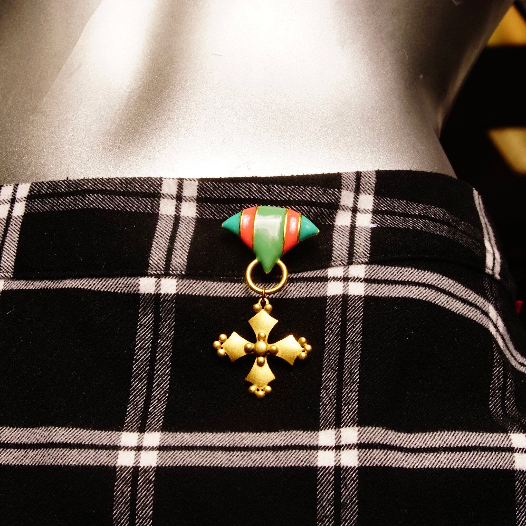 Vintage M.JENT Enameled Gold Tone Dangle Brooch Pins, Gold Cross/Coin, Pastel Colors, Cute Scarf/Sash/Skirt Pin, Designer Costumer Jewelry
