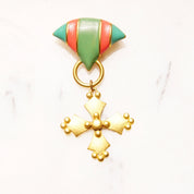 Vintage M.JENT Enameled Gold Tone Dangle Brooch Pins, Gold Cross/Coin, Pastel Colors, Cute Scarf/Sash/Skirt Pin, Designer Costumer Jewelry