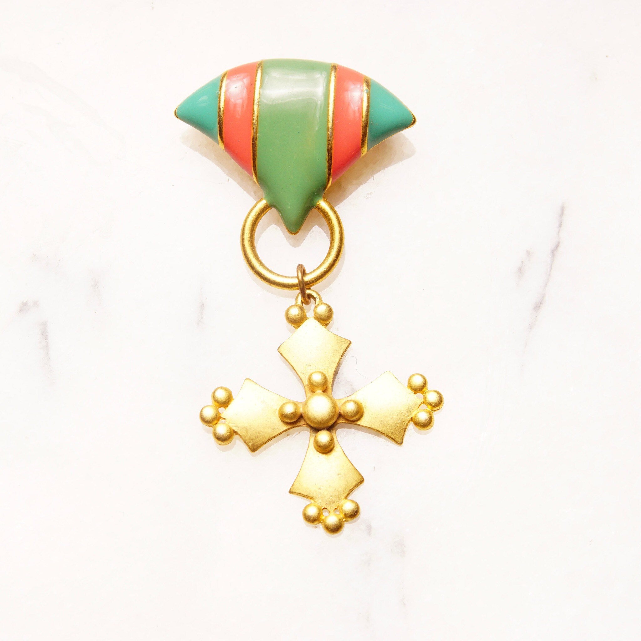Vintage M.JENT Enameled Gold Tone Dangle Brooch Pins, Gold Cross/Coin, Pastel Colors, Cute Scarf/Sash/Skirt Pin, Designer Costumer Jewelry