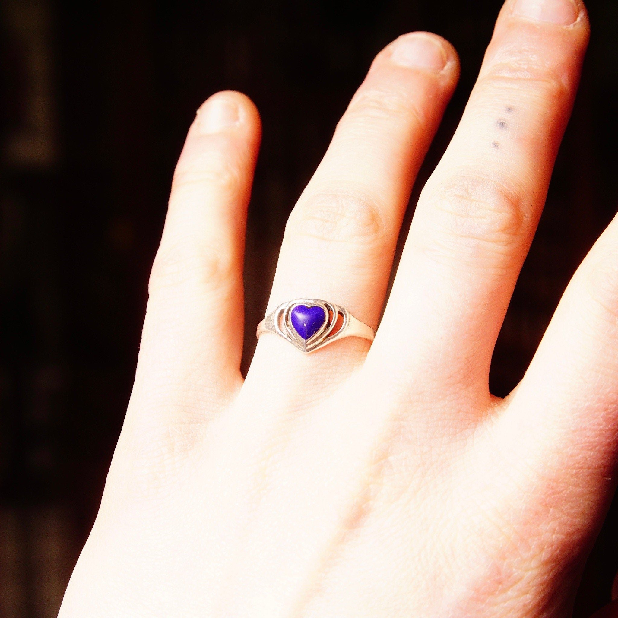 Vintage Sterling Silver Lapis Lazuli Heart Ring, Cut-Out Setting, Heart-Shaped Inlay Ring, Cobalt Blue Gemstone, Promise Ring, Size 8 1/2 US