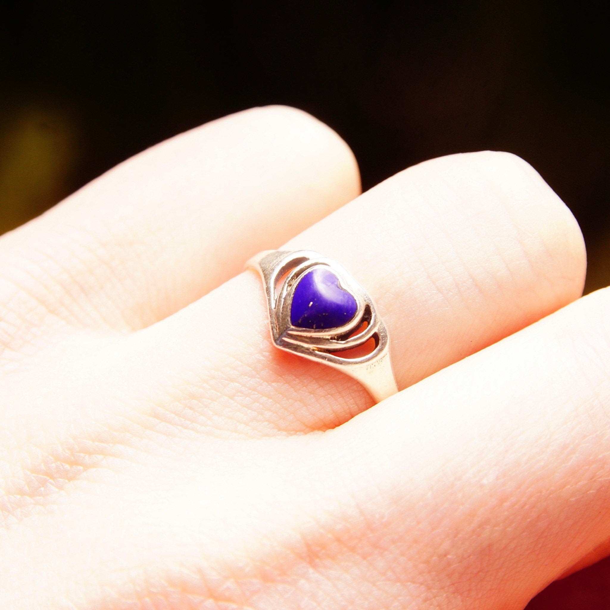 Vintage Sterling Silver Lapis Lazuli Heart Ring, Cut-Out Setting, Heart-Shaped Inlay Ring, Cobalt Blue Gemstone, Promise Ring, Size 8 1/2 US