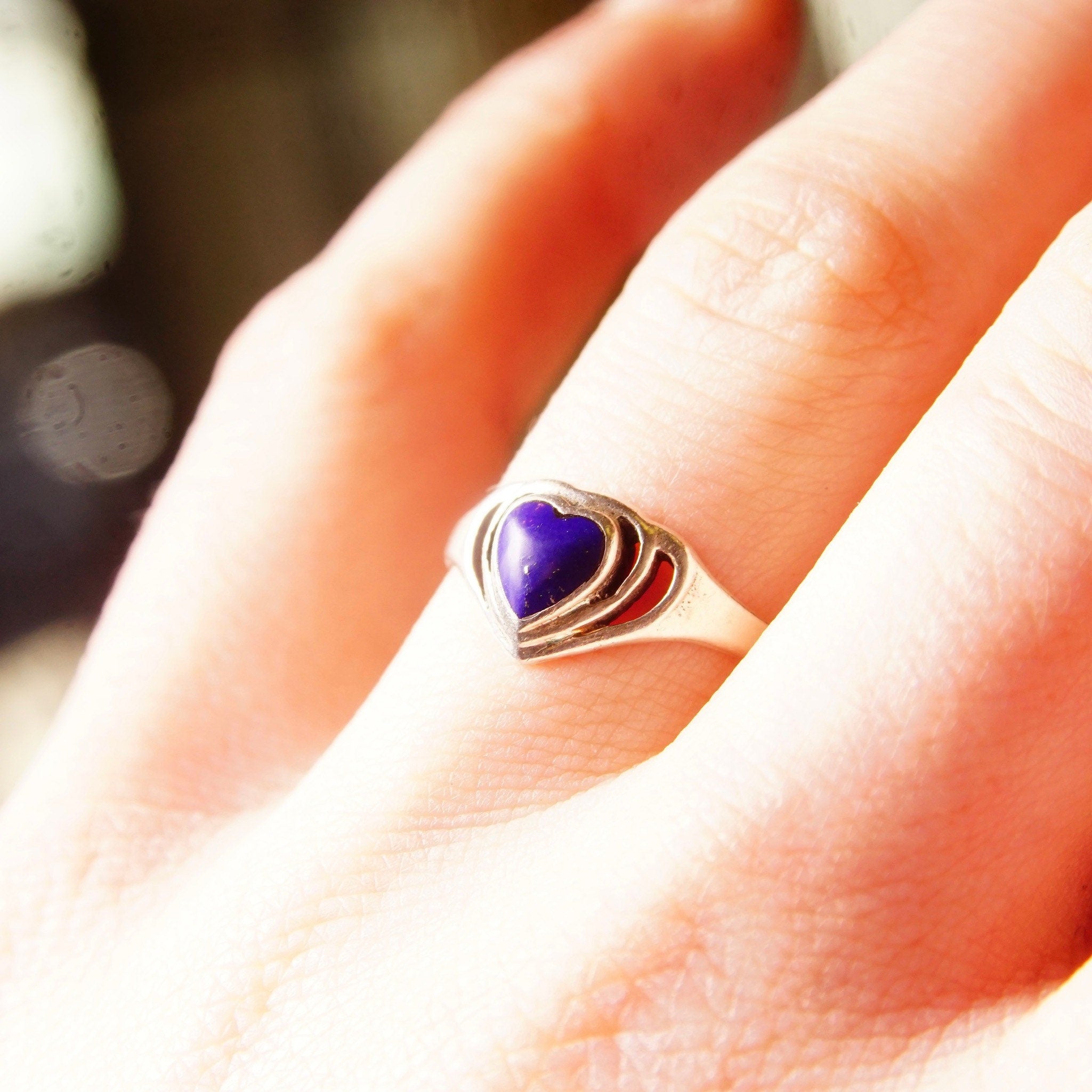 Vintage Sterling Silver Lapis Lazuli Heart Ring, Cut-Out Setting, Heart-Shaped Inlay Ring, Cobalt Blue Gemstone, Promise Ring, Size 8 1/2 US