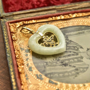 Vintage Chinese 14K Gold Jade Heart Pendant, Heart Shaped Chinese Symbol Love Pendant, Polished Nephrite Jade, Hinged Gold Bail, 1 1/2" L