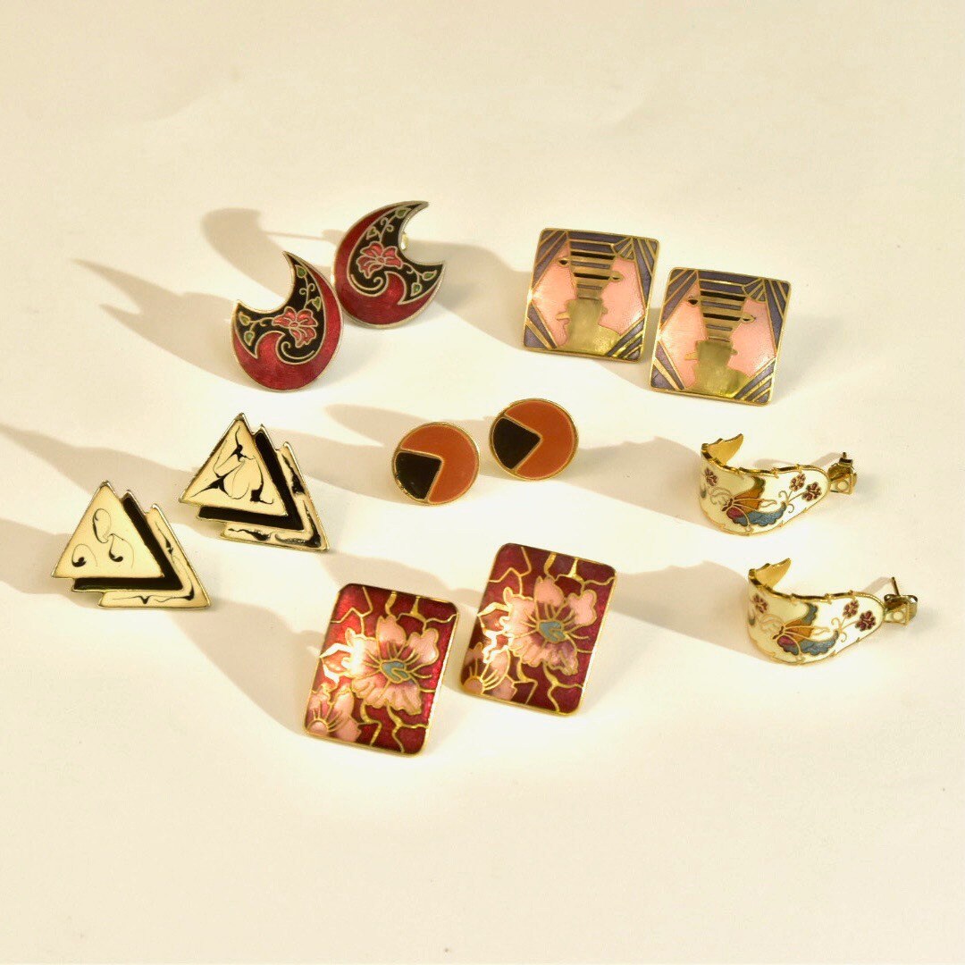 Guilloche Enamel Stud Earrings, Abstract, Floral, Geometric, Figural Designs, Modernist, Stylish Earrings