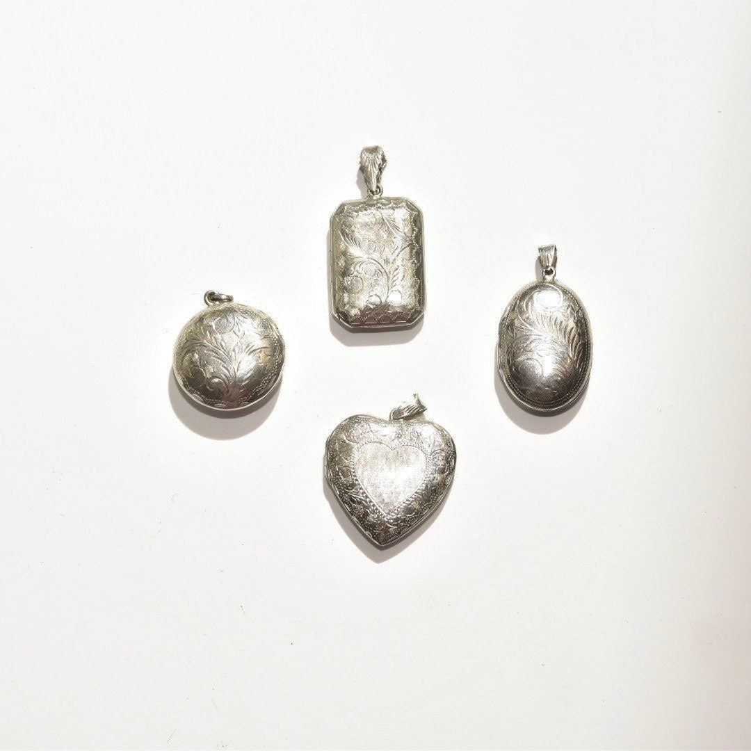 Vintage Engraved Sterling Silver Lockets, Double Sided, Intricate Etched Designs, Heart, Oval, Circle, Rectangle Lockets Pendant, 925