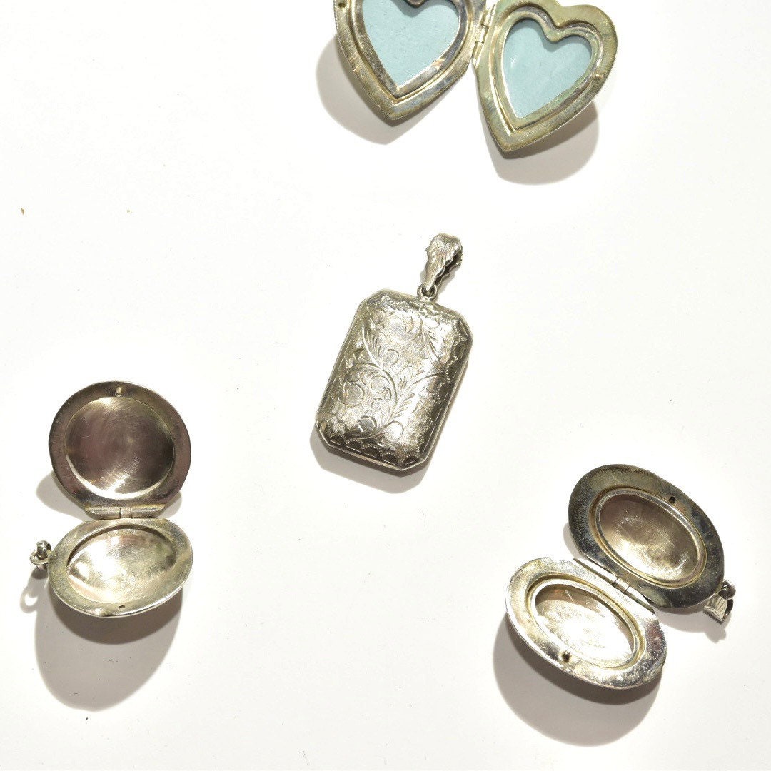 Vintage Engraved Sterling Silver Lockets, Double Sided, Intricate Etched Designs, Heart, Oval, Circle, Rectangle Lockets Pendant, 925