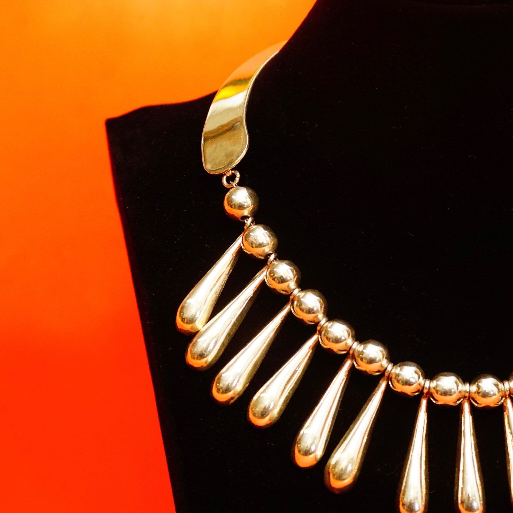 Vintage TAXCO Sterling Silver Festoon Necklace, Heavy Silver Teardrop & Bead Fringe Collar, 925 Mexico T5-79, Bohemian Modernist, 16" L