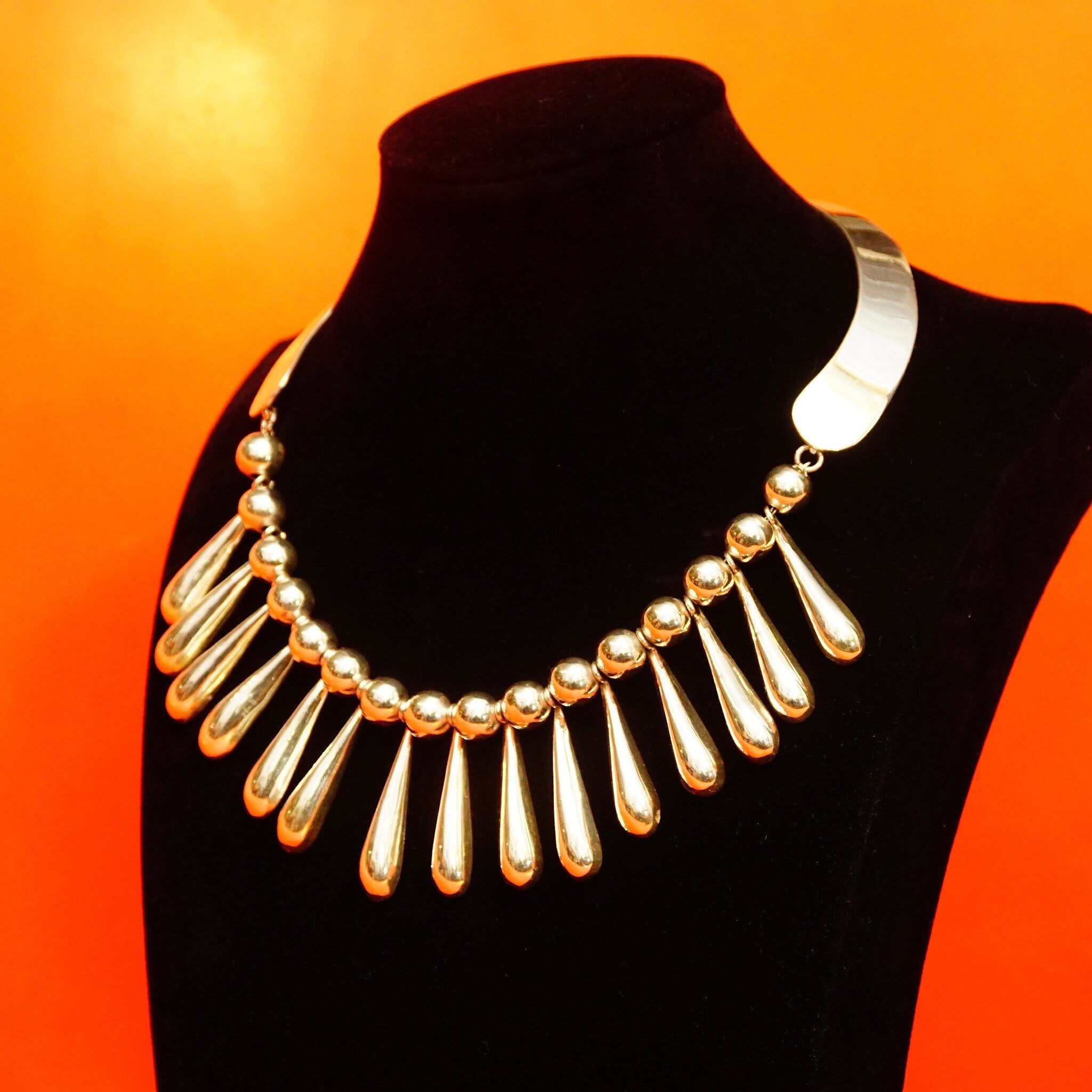 Vintage TAXCO Sterling Silver Festoon Necklace, Heavy Silver Teardrop & Bead Fringe Collar, 925 Mexico T5-79, Bohemian Modernist, 16" L