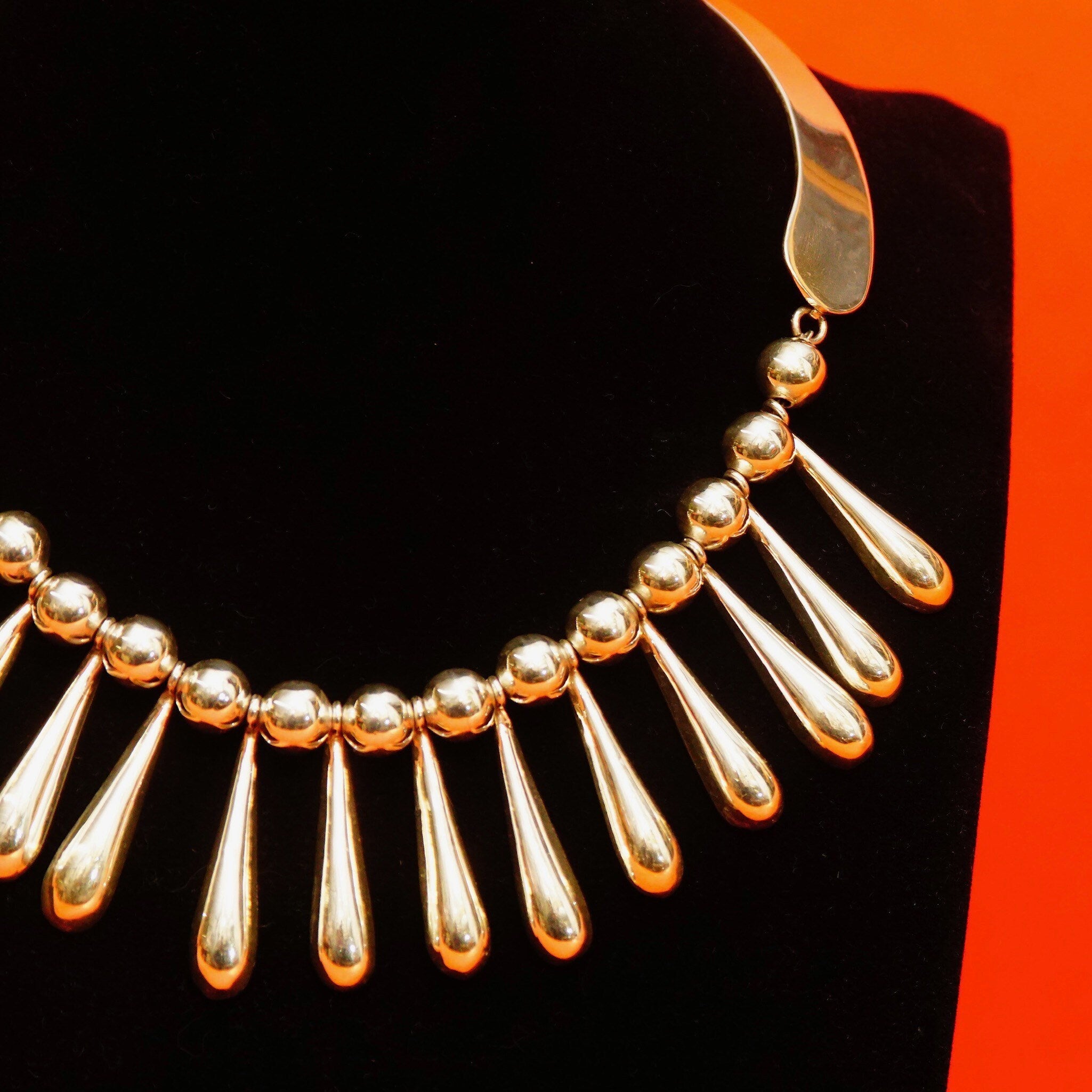 Vintage TAXCO Sterling Silver Festoon Necklace, Heavy Silver Teardrop & Bead Fringe Collar, 925 Mexico T5-79, Bohemian Modernist, 16" L