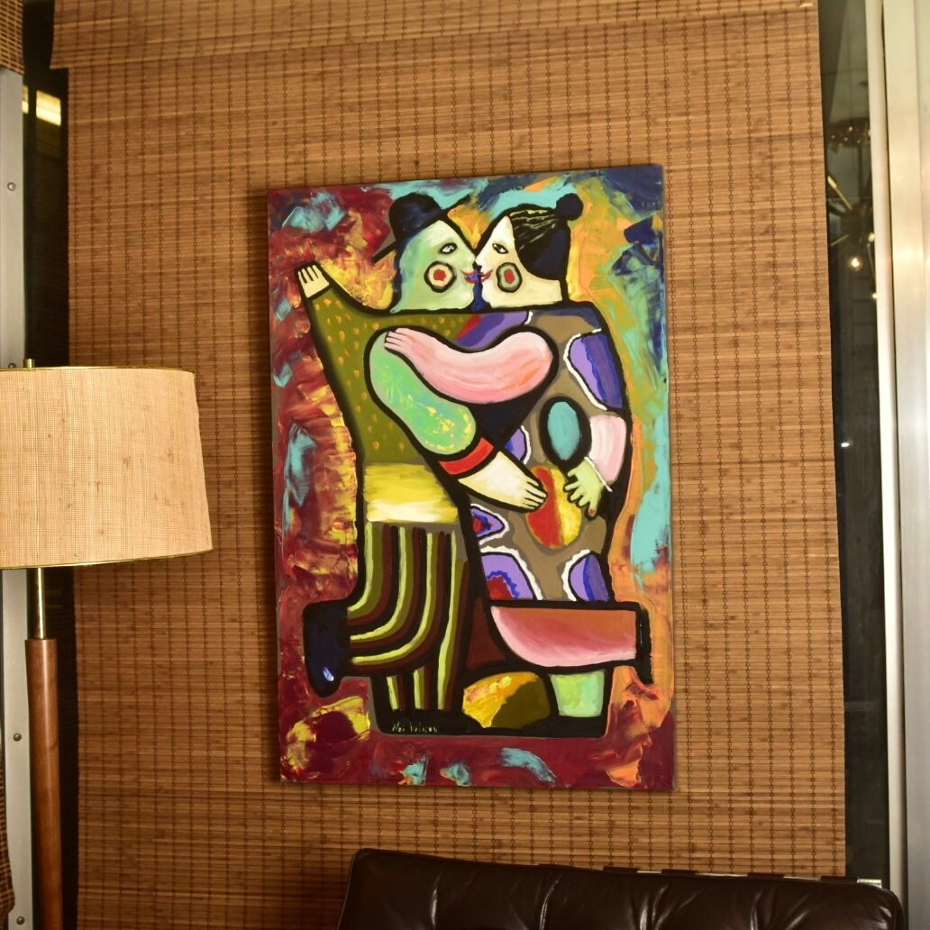 Vintage Signed Noi Volkov 'The Kiss' Acrylic & Oil On Stretched Canvas, Whimsical, Colorful Abstract Modernist Painting, Unframed, 36" x 24"